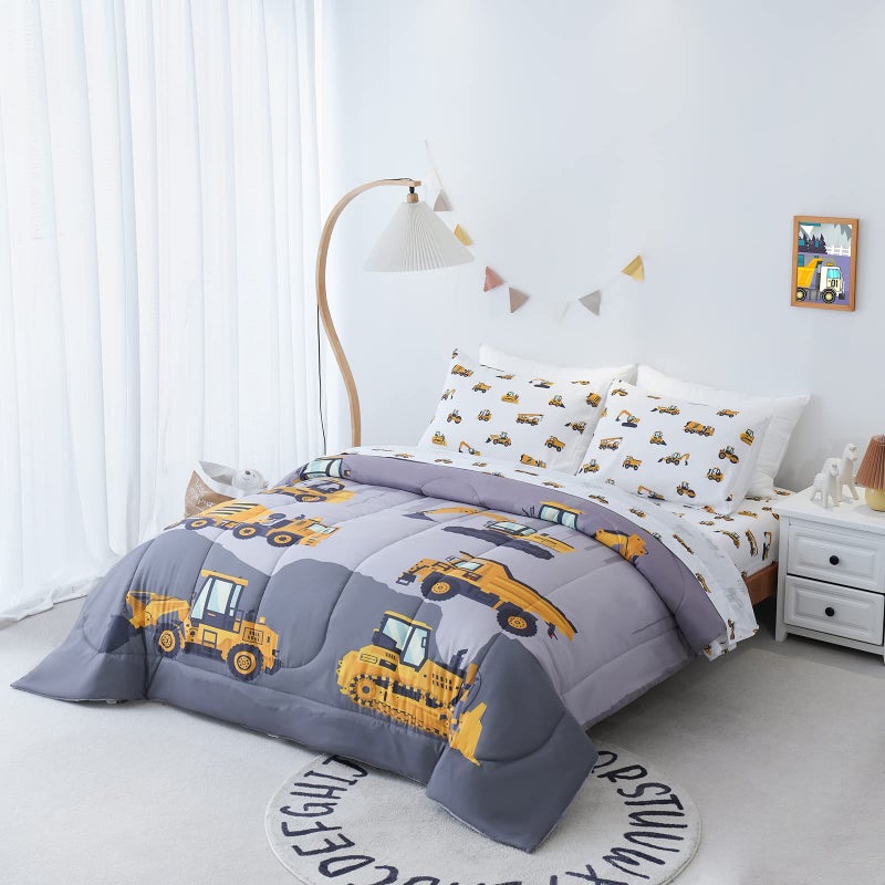 Cokouchyi Twin Size Comforter Set for Boys  4-Piece Bed in a Bag  3D Construction Bedding Comforter Sheet Set  Ultra Soft and Fluffy  Cartoon Truck Cars - Image 2